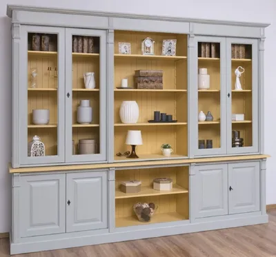 Produktbild von Casa Padrino Landhausstil Wohnzimmerschrank Grau / Gelb 286 x 51 x H. 228 cm - Massivholz Schrank - Bücherschrank - Regalschrank - Landhausstil Möbel