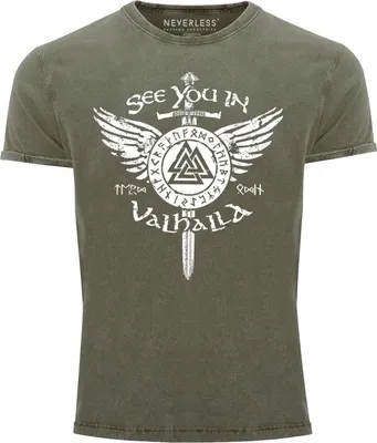 Produktbild von Herren Vintage Shirt See you in Valhalla Schwert Runen Odin Vikings Printshirt T-Shirt Aufdruck Neverless® oliv S