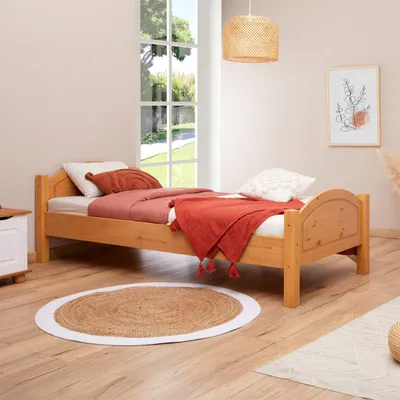 Produktbild von Massivholzbett FLIMS aus massiver Kiefer in buche, stabiles Bett in 90 x 200 cm, schönes Bettgestell mit Fuß- und Kopfteil
