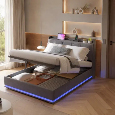 Obrázek produktu pro Postel INONEFT, 140x190 cm, čalouněná, s LED osvětlením a USB porty, postel s pružinovou základnou a hydraulickým úložným prostorem, dětská postel s roštem, jednolůžka, samet, šedá barva