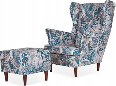 Produktbild von Family Meble Ohrensessel mit Hocker Print Relaxsessel Skandinavisch Bequemer Sessel Loungesessel Fernsehsessel Wohnzimmer Schlafzimmer Büro (M 123)