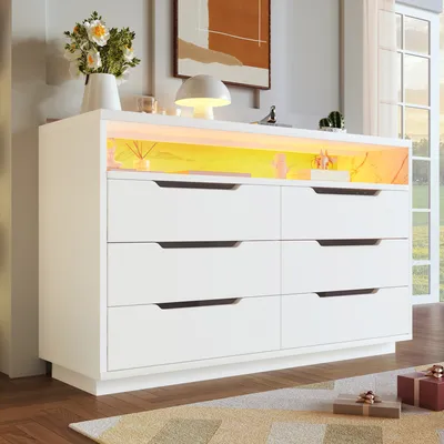 Produktbild von okwish Sideboard Aufbewahrungsschrank Beistellschrank，Buffetschrank，MDF-Kabinett ，Kommode mit LED-Beleuchtung，Marmordesign，6 Schubladen, Weiß