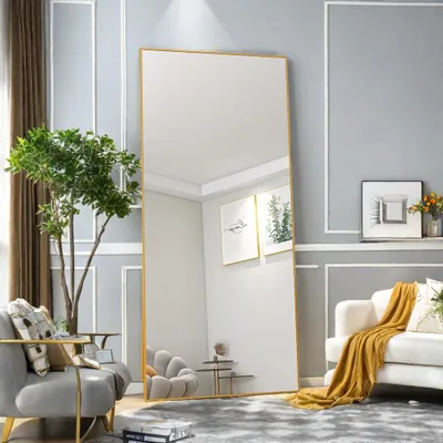 Obrázok produktu pre Veľké celoplošné zrkadlo, 180 x 80 cm, veľké stojace zrkadlo, závesné zrkadlo, obdĺžnikové, zlaté