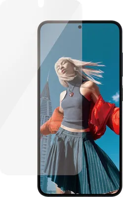 A screen protector is shown over a smartphone displaying a fashion image.