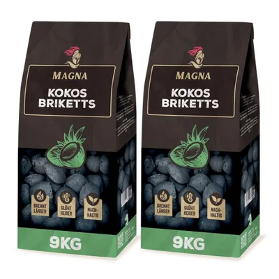 Produktbild von 18KG (2 Säcke x 9KG) MAGNA Premium Kokosbriketts Grillkohle Holzkohle Briketts Kokoskohle Kokos Kohle BBQ