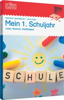 A children's educational book cover with a drawing of a sun and the word "SCHULE" spelled out with letter tiles.