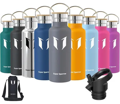 Produktbild von Trinkflasche Edelstahl 350ml-1L Auslaufsicher Thermoskanne BPA-Frei mit 2 Deckeln Grau
