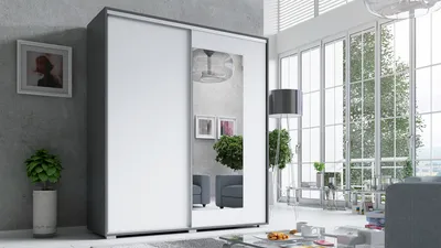 Produktbild von Schiebetürenschrank Kleiderschrank VIVA 160x205 cm, 2-türig, Spiegel, Weiß/Grau