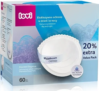 A product box for Lovi disposable breast pads, showing the packaging and a sample of the product.