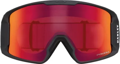 A pair of Oakley ski goggles with a red and orange lens.