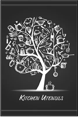 Produktbild von Wallario Wandbild Kitchen Utensils - Baum aus Küchenutensilien in schwarz weiß, Größe: 61 x 91,50 cm, Poster mit schwarzem Aluminiumrahmen