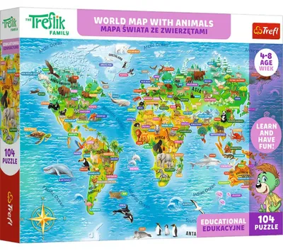 Obrázek produktu pro Puzzle 104 Trefliki. Mapa světa. Zvířata. TREFL