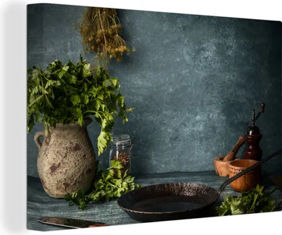 Produktbild von OneMillionCanvasses® - Leinwandbilder - 150x100 cm, Kräuter - Gewürze - Pfanne - Messer - Grau - Rustikal, Wandbilder Kunstdruck Wanddekoration - Foto auf Leinwand - Gemälde auf