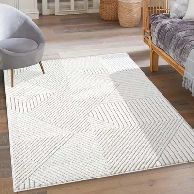 Produktbild von Kurzflor Teppich Grau, Creme - 200x290 cm - Wohnzimmer-Teppiche 3D-Effekt - Geo-Muster, Gestreift
