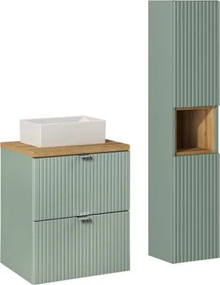 Produktbild von Waschtisch und Hängesäule 50.4cm Jade mit 2 Schubladen, Grün und Holzoptik