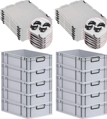 Produktbild von SparSet 10x Eurobox NextGen Color mit Auflagedeckel und Schiebeschnappverschlüsse | HxBxT 17x40x60cm | 34 Liter | Grau | Griffe schwarz geschlossen | Glatter Boden | Eurobehälter, Transportbox, Transportbehälter, Stapelbehälter