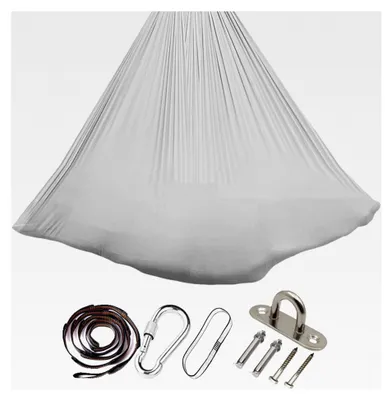 Produktbild von Aerial Yoga Hängematte Set 150x280 cm, Anti-Gravity YogaSwing, 200 kg Tragfähigkeit, Nestschaukel für Indoor-Übungen, Yoga-Hängematte mit Beschlägen (Grau)