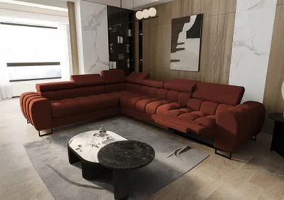 Productafbeelding van Eckbank met slaapfunctie, model BASTIEN RELAX, bekleed met stof Moly in de kleur zinderend rood, met een hocker aan de linkerkant