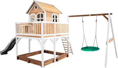 Produktbild von AXI Spielhaus Liam mit Sandkasten, Nestschaukel & grauer Rutsche | Stelzenhaus XXL in Braun & Weiß aus  Holz für Kinder | Spielturm mit Wellenrutsche für den Garten