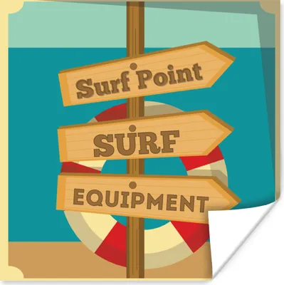 Produktbild von MuchoWow® Poster Illustration von "Surf Point, Surfausrüstung" und einer Rettungsboje 50x50 cm - Wohnzimmerdekoration