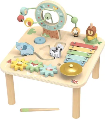 Productafbeelding van Activiteitentafel Hout - Houten Speeltafel - Motorische Ontwikkeling - Veelzijdige Speelelementen - 295 x 295 x 28 cm - Multicolor