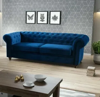 Produktbild von Easy4You Chesterfield Blauer Plüsch Velvet 3-Sitzer Sofa 225x74x88 cm Sofas für Wohnzimmer Sofagarnituren mit Holzfüße Set Sofas & Couches