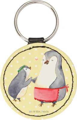 Produktbild von Mr. & Mrs. Panda Schlüsselanhänger Pinguin mit Kind - Gelb Pastell - Geschenk, Mutter, edel, Bruder, Bedruckt, Lieblingsmensch, Vorbild Mama, Anhänger, Mami, Muttertag