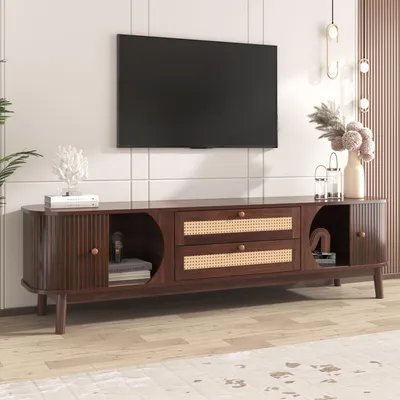 Produktbild von Fortuna Lai TV-Schrank-Natürlicher Holz-Blend TV-Schrank mit Türen und Schubladen. TV-Ständer mit Rattanseiten. Aufbewahrungslösung, Natürlicher Landhausstil (not a complete item)