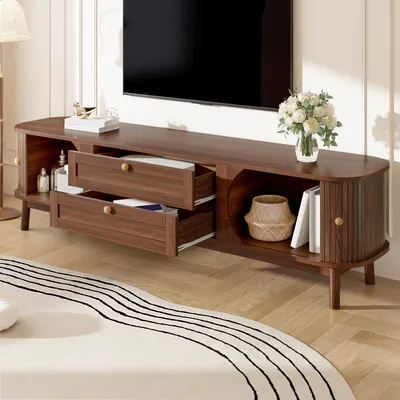 Image de OKWISH Meuble TV Design Moderne avec 2 Tiroirs et Portes Coulissantes, Coins Arrondis en MDF - 170x39,5x46 cm - Noyer