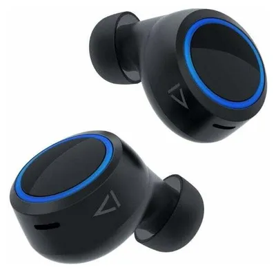 A pair of black wireless earbuds with blue accents against a white background.