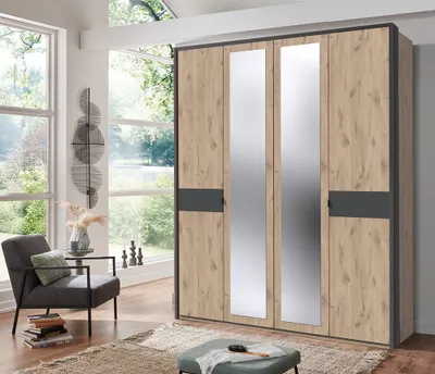Produktbild von Kleiderschrank 183 cm 4-türig mit Passepartoutrahmen BRADFORD-43 Eiche mit graphit