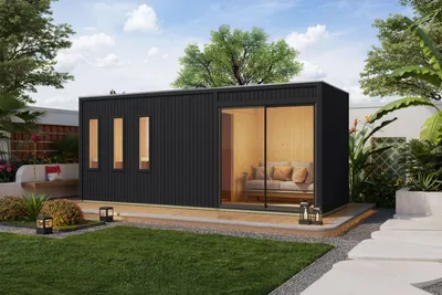 Produktbild von Saunahaus Außensauna Gartensauna MONTEREY mit Vorraum schwarz lackiert Ofen 9 kW  externe Strg easy 73mm gedämmte Elemente 574x217x244 cm