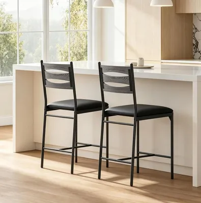 Produktbild von 2er Set Barhocker Grau mit Rückenlehne, Gepolsterte Tresenhocker aus PolyurethanKunstleder mit Metallgestell und Fußstütze