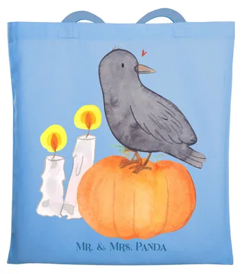 Produktbild von Mr. & Mrs. Panda Beutel Krähe Halloween - Sky Blue - Geschenk, Tote Bag, Schultasche, Laptoptasche, Dekoration, Jutebeutel, Tasche, Tragetasche