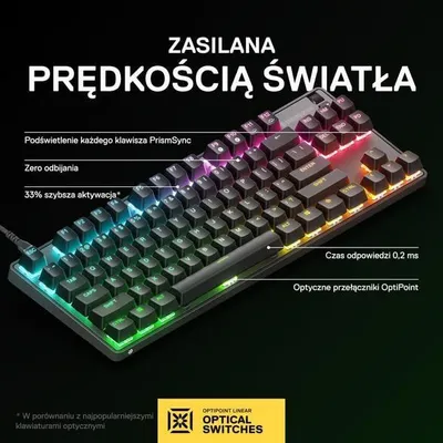 A gaming keyboard with RGB lighting and promotional text highlighting its features.