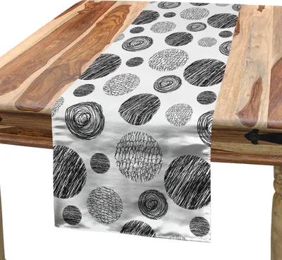 Produktbild von ABAKUHAUS Abstrakt Tischläufer, Hand gezeichnete Kreis-Gekritzellinien punktiert Wirbel-Muster-einfarbigen vereinfachten Entwurf, 40 x 225 cm, Weiß Schwarz