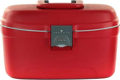 A red beauty case with a combination lock.