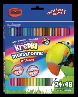 Zdjęcie produktu dla Kredki dwustronne 24/48kol. trójkątne 18cm + temperówka MAJEWSKI