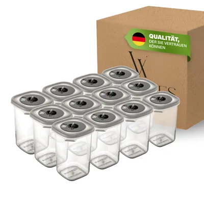 A set of 12 clear plastic food storage containers with gray lids, arranged in rows, with a cardboard box in the background.