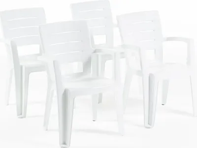 Produktbild von 4er-Set Stühle aus Polypropylen monoblock, stapelbar mit Armlehnen, wasserbeständig, Holz-Effekt für Garten, Terrasse, Restaurant, Bar, leicht zu reinigen - Anita - Weiß