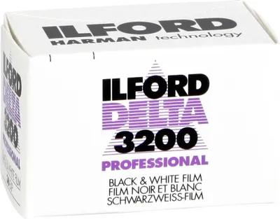 A product box for Ilford Delta 3200 Professional black and white film.