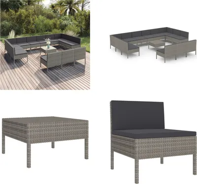 Produktbild von vidaXL 14 tlg. Garten Lounge Set mit Auflagen Poly Rattan Grau - Garten-Sofagarnitur - Garten-Sofagarnituren - Gartensofa-Set - Gartensofa-Sets