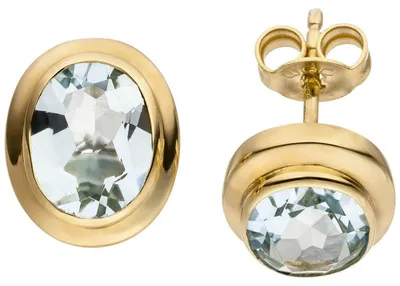 Immagine prodotto di Orecchini a bottone in oro giallo 585 con acquamarina ovale, color azzurro chiaro, gioielli da donna