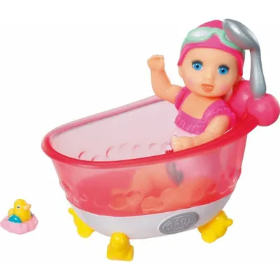 A baby doll in a pink bathtub with a yellow rubber ducky nearby.