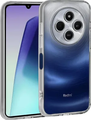 A transparent phone case with a blue gradient design is shown on a white background, with a smartphone partially visible.