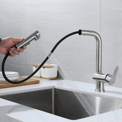 Obrázek produktu pro Kuchyňská baterie s výsuvnou sprchou, 2 režimy proudu vody, otočná o 360 stupňů, výsuvná sprchová hlavice, nerezová ocel, kartáčovaný nikl
