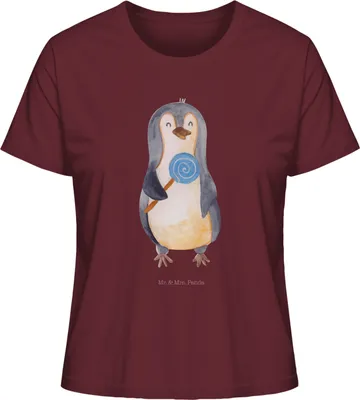Produktbild von Mr. & Mrs. Panda Oberteil Damen Pinguin Lolli Größe M - Burgundy - Geschenk, Süßigkeiten, Heißhunger, Kurzarmshirt, Naschen, Baumwoll T-Shirt, Kurzarm, Spruch