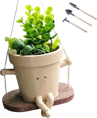 Produktbild von Hänge-Blumentopf Set 13x9 cm, 4-teilig, Swing Face, 3 Gartengeräte, für Balkon