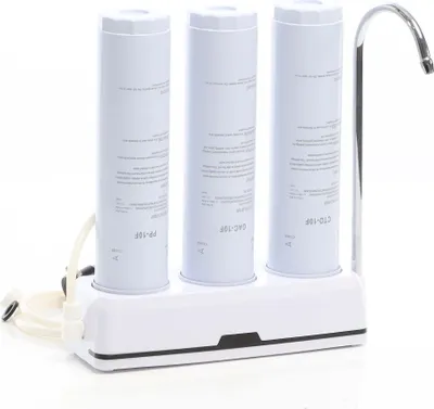 Zdjęcie produktu dla Naturewater NW-3-PPGACCTO 3-stopniowy nablatowy filtr do wody, 5 µ, osad PP, granulat węgla aktywnego, wkład filtracyjny z węglem aktywnym, z uniwersalnym adapterem, kranowy