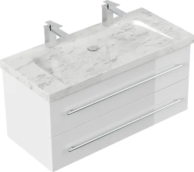 Produktbild von Badmöbel Marmor Carrara White Damo 100 cm 2 Hahnlöcher SoftClose weiß hochglanz : Weiss hochglanz